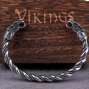 STERLING SILVER VIKING WOLF BRACELET SILVER ARM BAND CUFF BANGLE